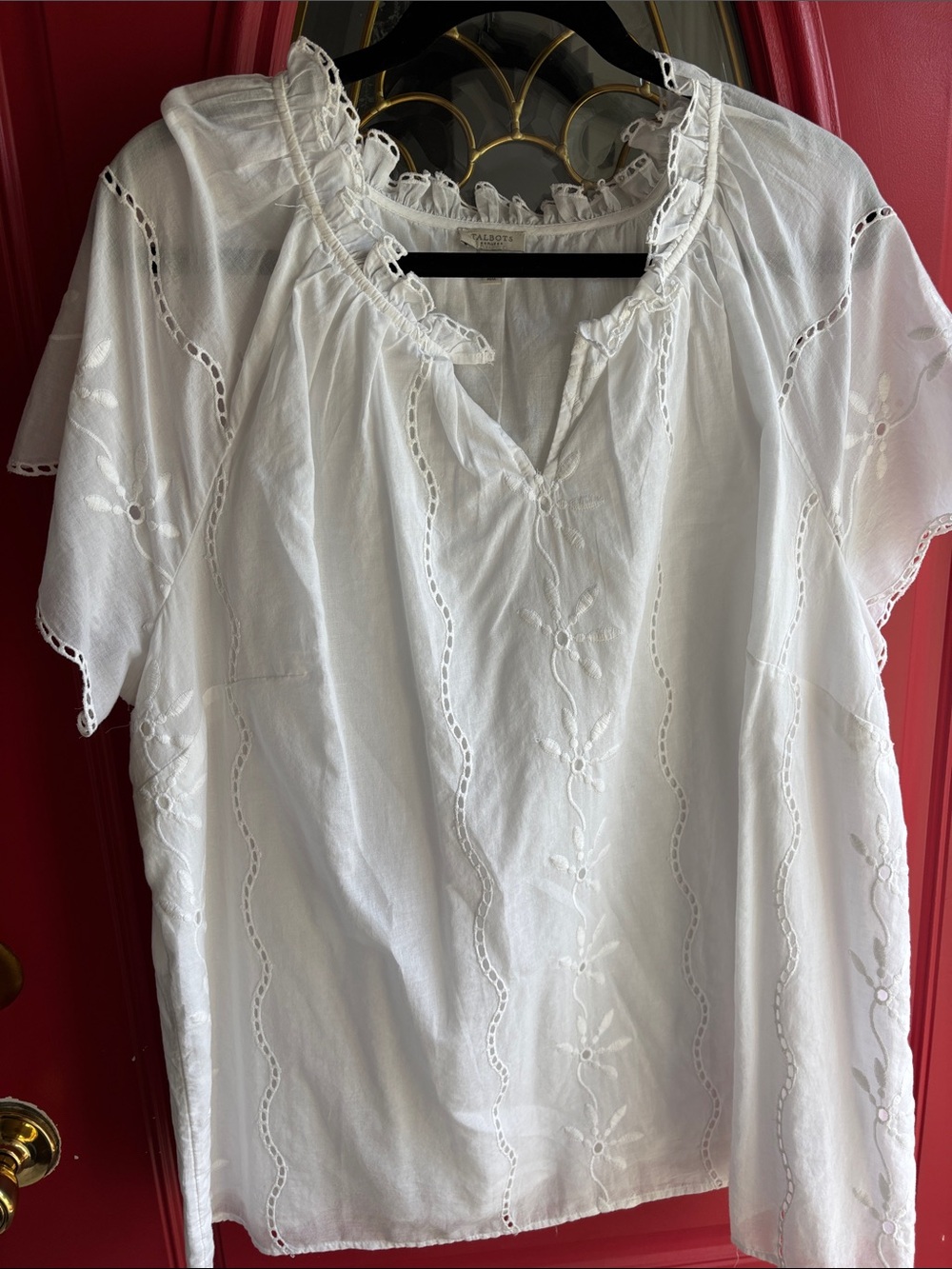 Talbots White Embroidered Cotton Peasant Blouse